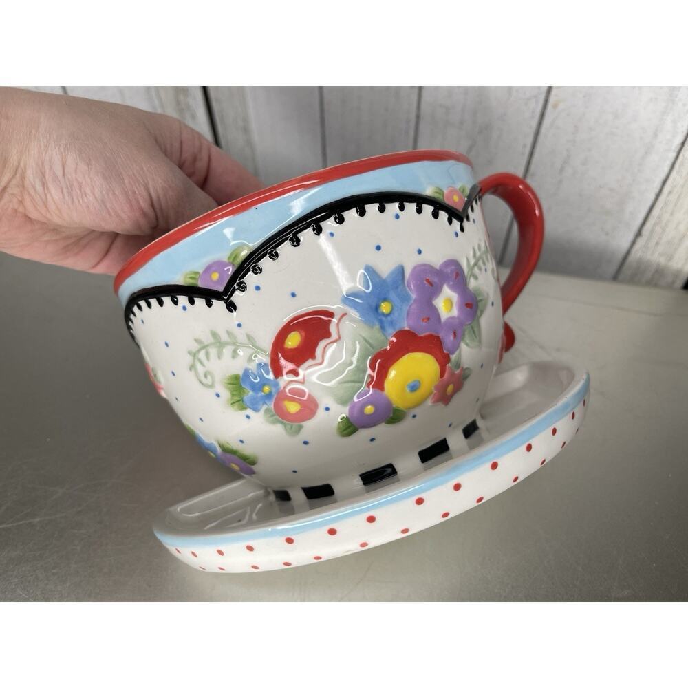 Vintage Mary Engelbreit Wall Pocket Planter Basket Storage Tea Cup Flowers